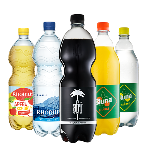 Various Petcycle bottles with 1 l of RHODIUS, afri Cola and Bluna stand next to each other.